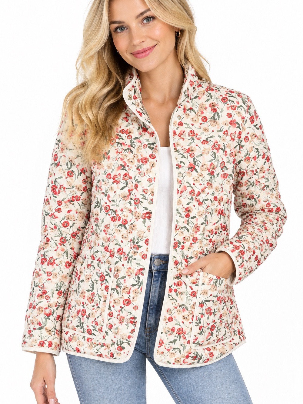 Draper James Cream Quilted Floral Utility Jacket with Red and Green Print size M - Picture 9 of 11